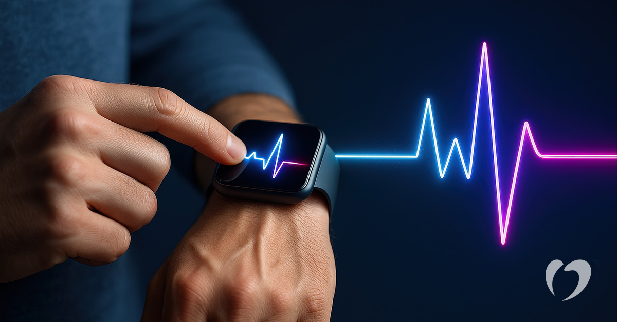 A person touches a smartwatch displaying a digital heart rate graph, with colorful lines representing heartbeats.
